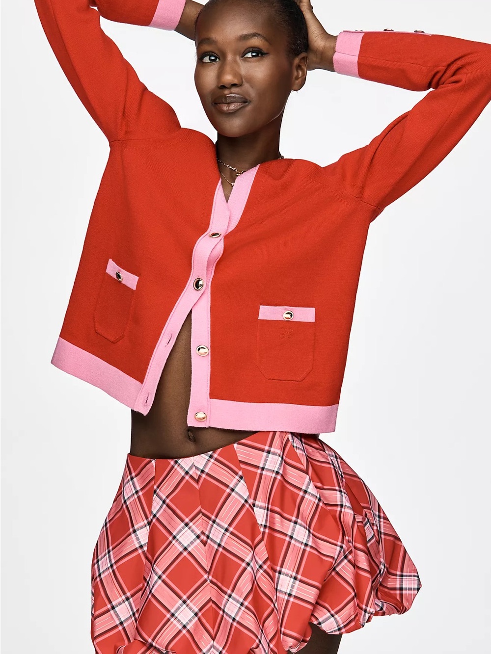 Maeve Red Cardigan with Pink Trim